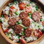 One pot rice with sausage - the image shows a wooden bowl filled with a dish of rice and sausage. the rice is white and fluffy, and the sausage is browned and appears to be seasoned with herbs and spices. the dish is garnished with diced tomatoes, green peas, and sliced onions. the bowl is sitting on a wooden table.
