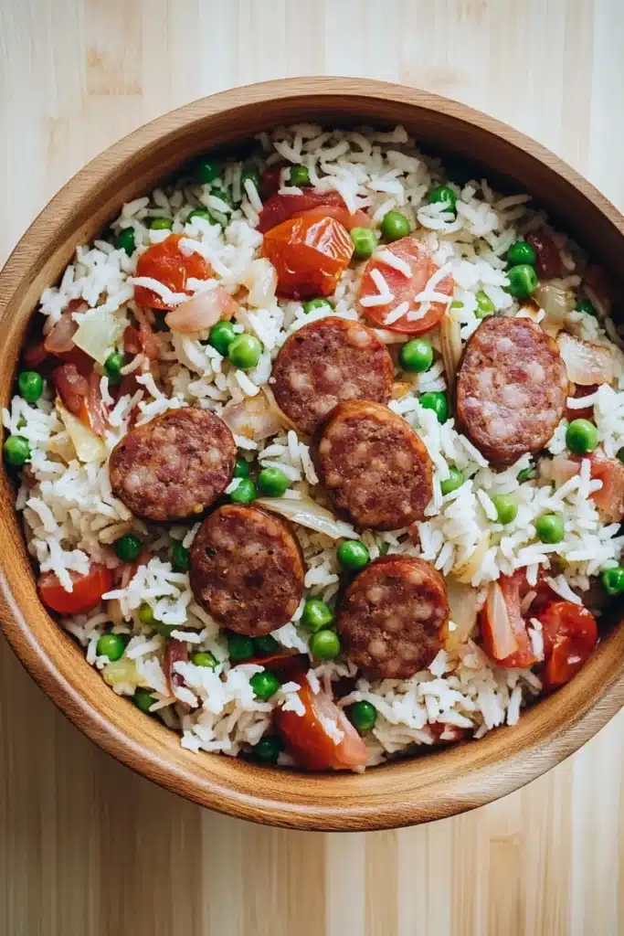 One pot rice with sausage - the image shows a wooden bowl filled with a dish of rice and sausage. the rice is white and fluffy, and the sausage is browned and appears to be seasoned with herbs and spices. the dish is garnished with diced tomatoes, green peas, and sliced onions. the bowl is sitting on a wooden table.
