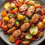 One pot sausage bake - the image is a close-up of a plate of food. the plate is made of ceramic and is placed on a dark grey textured surface. the food appears to be a dish made with diced potatoes, red and yellow bell peppers, onions, and sausage. the potatoes are cut into small cubes and are arranged in a pile on top of each other. the sausage is cooked to a golden brown color and is garnished with chopped parsley. there are also a few sprigs of parsley scattered around the plate. the overall appearance of the dish is colorful and appetizing.