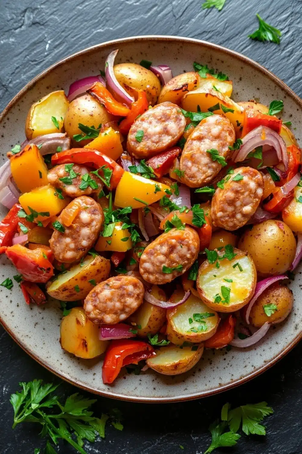 One pot sausage bake - the image is a close-up of a plate of food. the plate is made of ceramic and is placed on a dark grey textured surface. the food appears to be a dish made with diced potatoes, red and yellow bell peppers, onions, and sausage. the potatoes are cut into small cubes and are arranged in a pile on top of each other. the sausage is cooked to a golden brown color and is garnished with chopped parsley. there are also a few sprigs of parsley scattered around the plate. the overall appearance of the dish is colorful and appetizing.