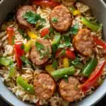 One pot sausage peppers and rice - the image is a close-up of a bowl of rice dish. the dish appears to be a type of sausage and rice dish, with chunks of sausage scattered throughout. the sausage is cooked to a golden brown color and is garnished with chopped parsley. the rice is white and fluffy, and there are various vegetables such as red, yellow, and green bell peppers scattered throughout the dish, including red and yellow bell peppers. the bowl is sitting on a wooden table, and the background is blurred, making the dish the focal point of the image.