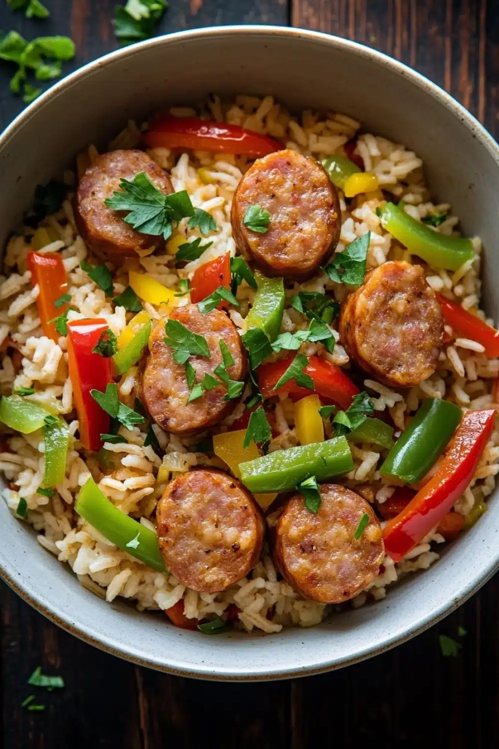 One pot sausage peppers and rice - the image is a close-up of a bowl of rice dish. the dish appears to be a type of sausage and rice dish, with chunks of sausage scattered throughout. the sausage is cooked to a golden brown color and is garnished with chopped parsley. the rice is white and fluffy, and there are various vegetables such as red, yellow, and green bell peppers scattered throughout the dish, including red and yellow bell peppers. the bowl is sitting on a wooden table, and the background is blurred, making the dish the focal point of the image.