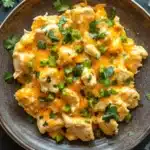 One skillet cheesy green chili chicken - the image is a close-up of a bowl of food. the bowl is made of dark brown ceramic and is placed on a dark grey textured surface. the food appears to be a creamy orange-colored dish with chunks of chicken and green onions scattered throughout. there are also a few sprigs of fresh cilantro scattered around the bowl. the overall appearance of the dish is fresh and appetizing.