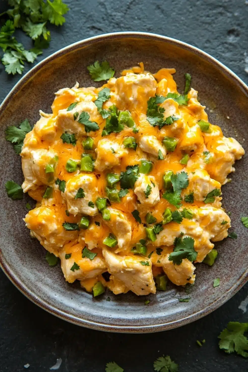 One skillet cheesy green chili chicken - the image is a close-up of a bowl of food. the bowl is made of dark brown ceramic and is placed on a dark grey textured surface. the food appears to be a creamy orange-colored dish with chunks of chicken and green onions scattered throughout. there are also a few sprigs of fresh cilantro scattered around the bowl. the overall appearance of the dish is fresh and appetizing.