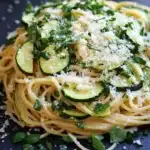 Pasta dinner with zucchini - the image shows a plate of spaghetti with zucchini and parmesan cheese on top. the spaghetti is cooked al dente and is garnished with fresh basil leaves. the dish is served on a dark blue slate plate with a few sprigs of basil scattered around it. the zucchinis are cut into small cubes and are arranged in a circular pattern on top of the spaghetti. the cheese is crumbled and scattered around the plate. the overall presentation of the dish is elegant and appetizing.