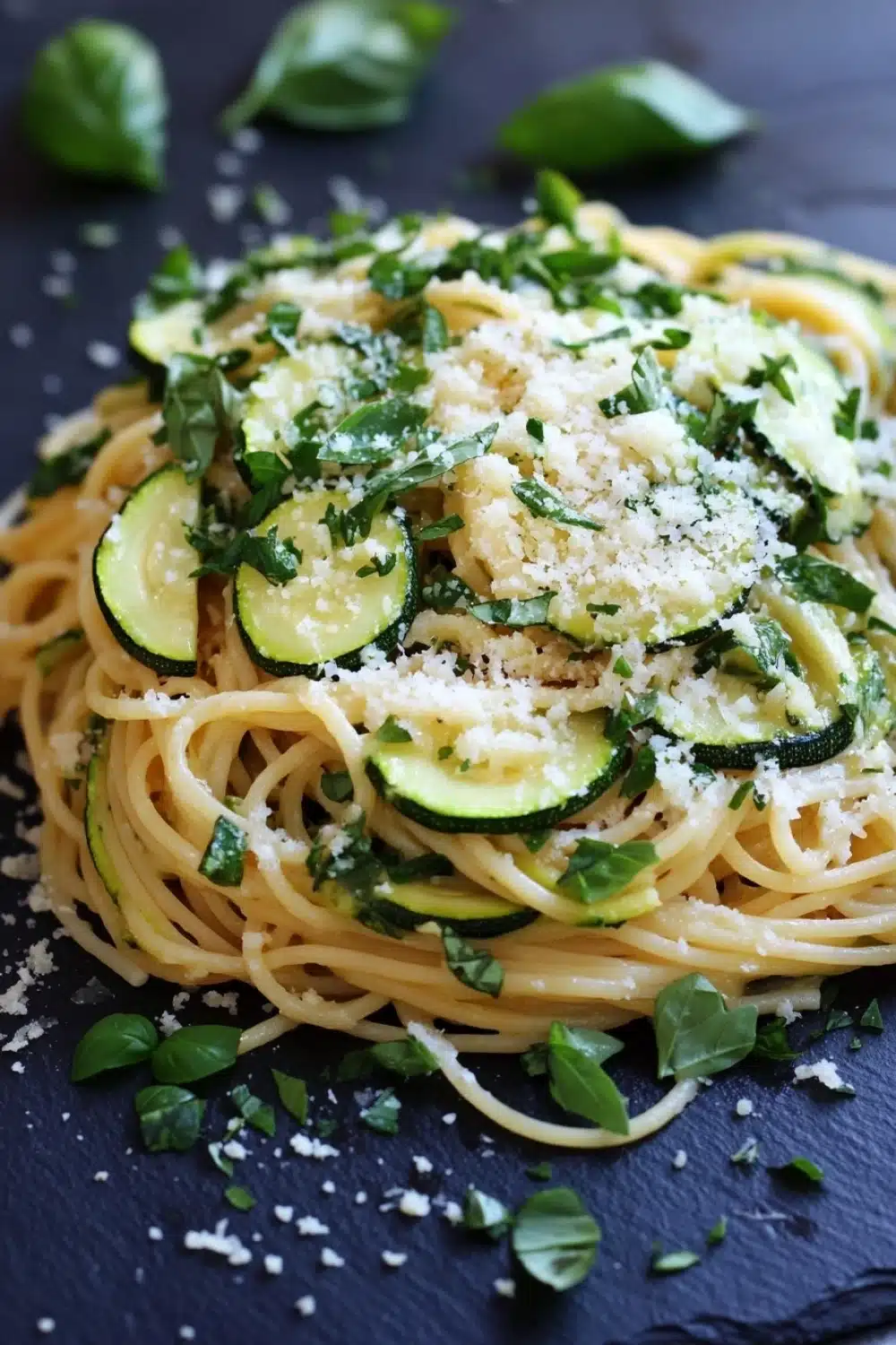 Pasta dinner with zucchini - the image shows a plate of spaghetti with zucchini and parmesan cheese on top. the spaghetti is cooked al dente and is garnished with fresh basil leaves. the dish is served on a dark blue slate plate with a few sprigs of basil scattered around it. the zucchinis are cut into small cubes and are arranged in a circular pattern on top of the spaghetti. the cheese is crumbled and scattered around the plate. the overall presentation of the dish is elegant and appetizing.