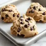 Peanut butter cookie dough edible - the image shows three freshly baked chocolate chip cookie dough balls on a stainless steel baking tray. the cookies are golden brown in color and have chocolate chips scattered on top. the tray is placed on a white marble countertop. the background is blurred, but it appears to be a kitchen countertop with a sink and a window.