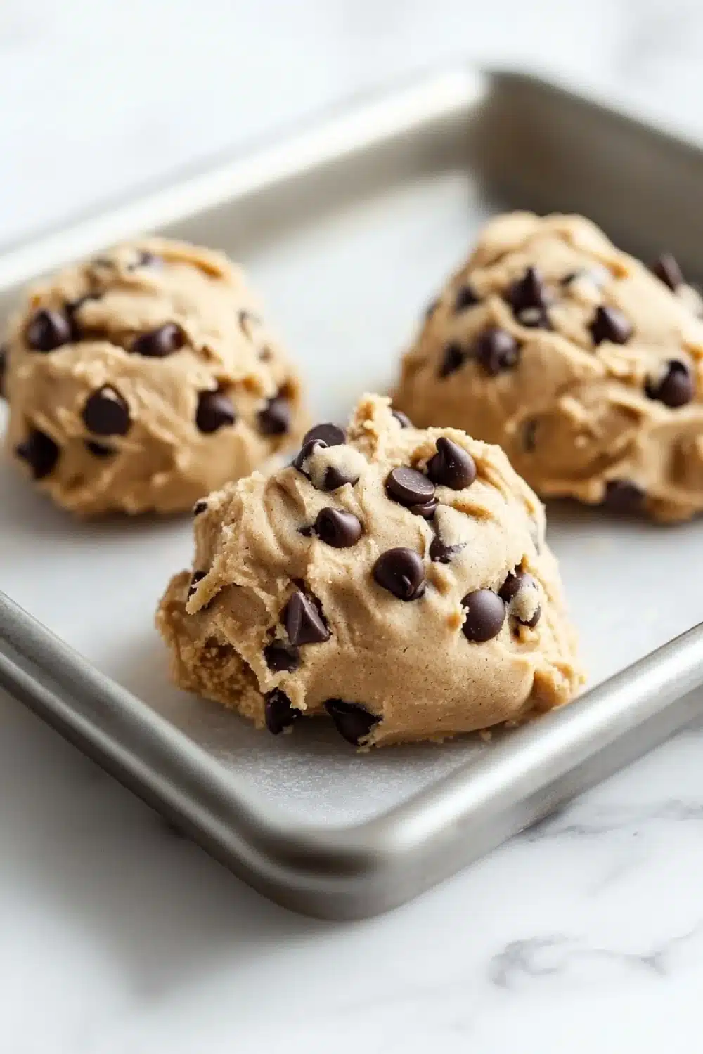 Peanut butter cookie dough edible - the image shows three freshly baked chocolate chip cookie dough balls on a stainless steel baking tray. the cookies are golden brown in color and have chocolate chips scattered on top. the tray is placed on a white marble countertop. the background is blurred, but it appears to be a kitchen countertop with a sink and a window.