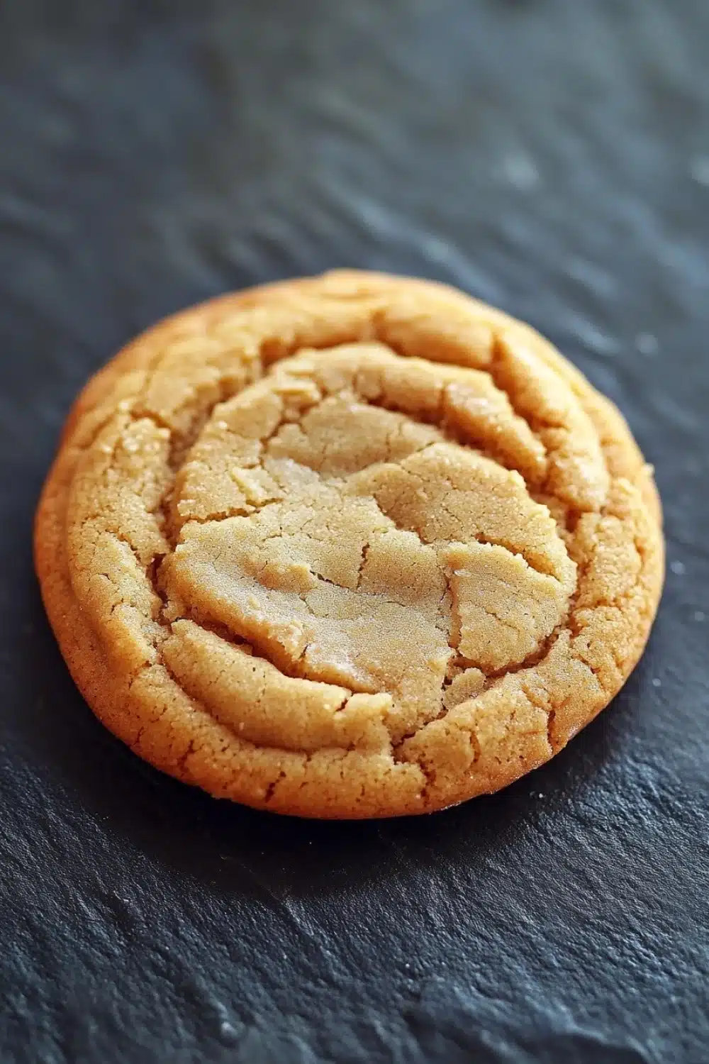 Peanut butter cookie no butter - the image is a close-up of a round cookie on a black slate surface. the cookie appears to be freshly baked and has a golden-brown color. it has a criss-cross pattern on the top, with small squares scattered throughout. the edges of the cookie are slightly curled, giving it a textured appearance. the background is blurred, making the cookie the focal point of the image.