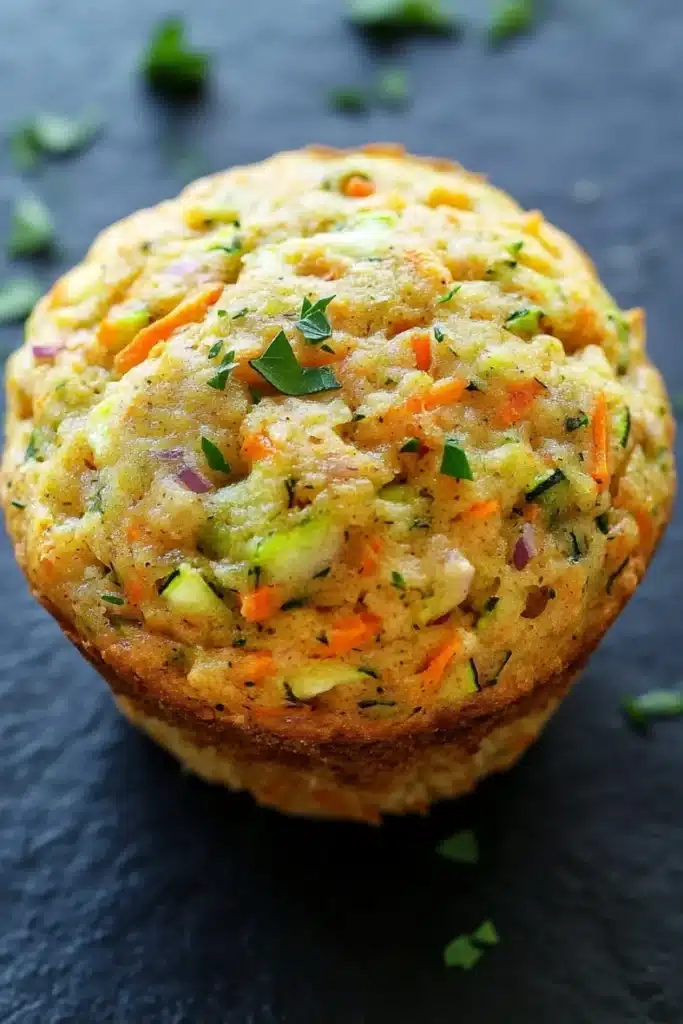 Protein veggie muffin - the image is a close-up of a muffin on a black surface. the muffin appears to be freshly baked and has a golden-brown crust. it is filled with a mixture of vegetables, including carrots, zucchini, and onions, and is garnished with chopped parsley. the vegetables are arranged in a circular pattern on top of the muffin, with some overlapping each other. the background is blurred, but it seems to be a dark, textured surface.