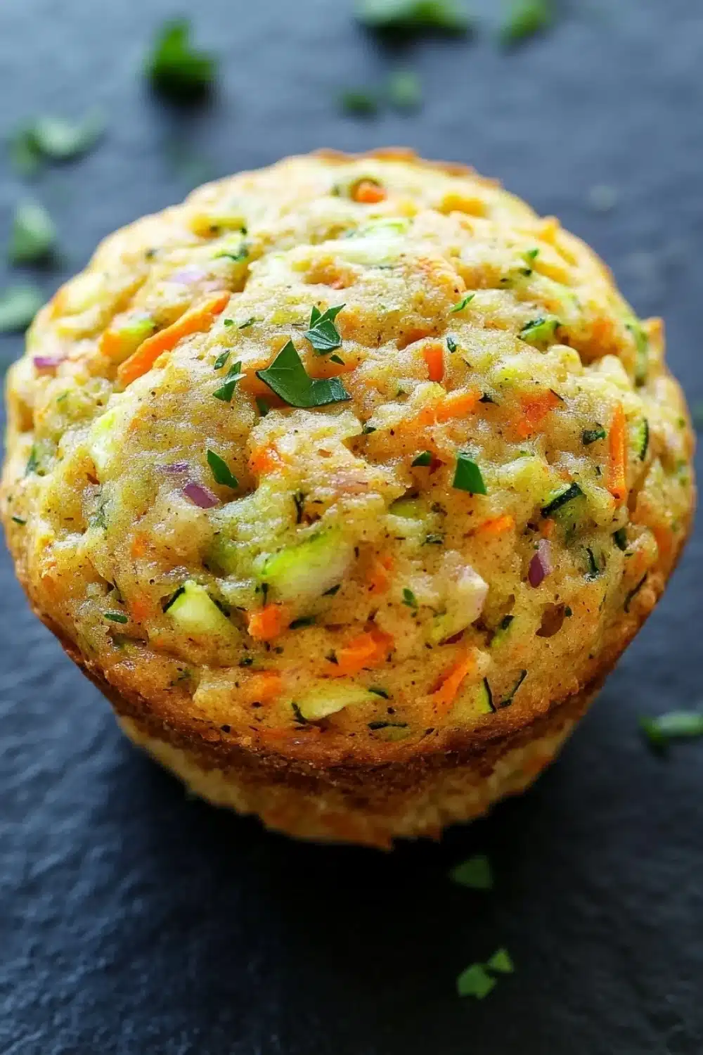 Protein veggie muffin - the image is a close-up of a muffin on a black surface. the muffin appears to be freshly baked and has a golden-brown crust. it is filled with a mixture of vegetables, including carrots, zucchini, and onions, and is garnished with chopped parsley. the vegetables are arranged in a circular pattern on top of the muffin, with some overlapping each other. the background is blurred, but it seems to be a dark, textured surface.