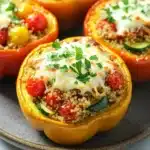 Quinoa stuffed bell peppers - the image shows four stuffed bell peppers on a gray plate. the bell peppers are orange in color and are filled with a mixture of quinoa, cherry tomatoes, zucchini, and other vegetables. the quinoa is golden brown and appears to be seasoned with herbs and spices. the tomatoes are bright red and look ripe and juicy. the cheese is melted and bubbly on top, and there are a few sprigs of parsley scattered around the plate.