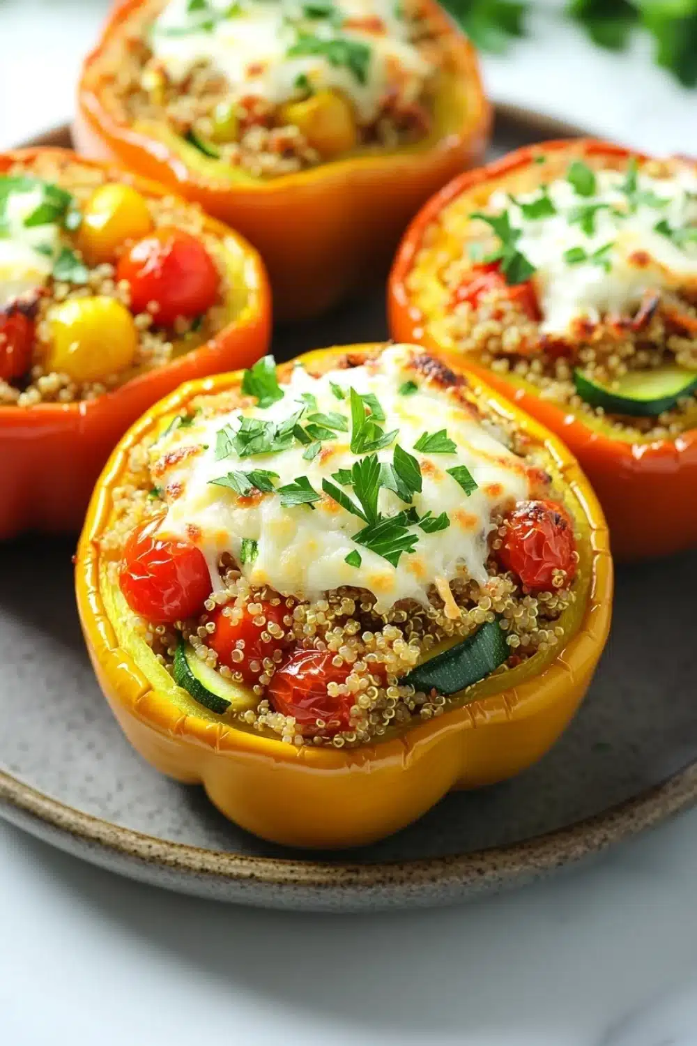 Quinoa stuffed bell peppers - the image shows four stuffed bell peppers on a gray plate. the bell peppers are orange in color and are filled with a mixture of quinoa, cherry tomatoes, zucchini, and other vegetables. the quinoa is golden brown and appears to be seasoned with herbs and spices. the tomatoes are bright red and look ripe and juicy. the cheese is melted and bubbly on top, and there are a few sprigs of parsley scattered around the plate.