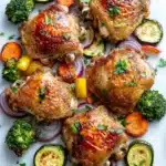 Sheet pan boneless skinless chicken thighs and vegetables - the image shows a plate of grilled chicken with vegetables. the chicken is golden brown and appears to be seasoned with herbs and spices. the vegetables are arranged in a circular pattern on the plate, with some overlapping each other. there are also small pieces of broccoli, zucchini, and red onions scattered around the plate. the plate is garnished with a sprig of parsley. the background is a white marble countertop.