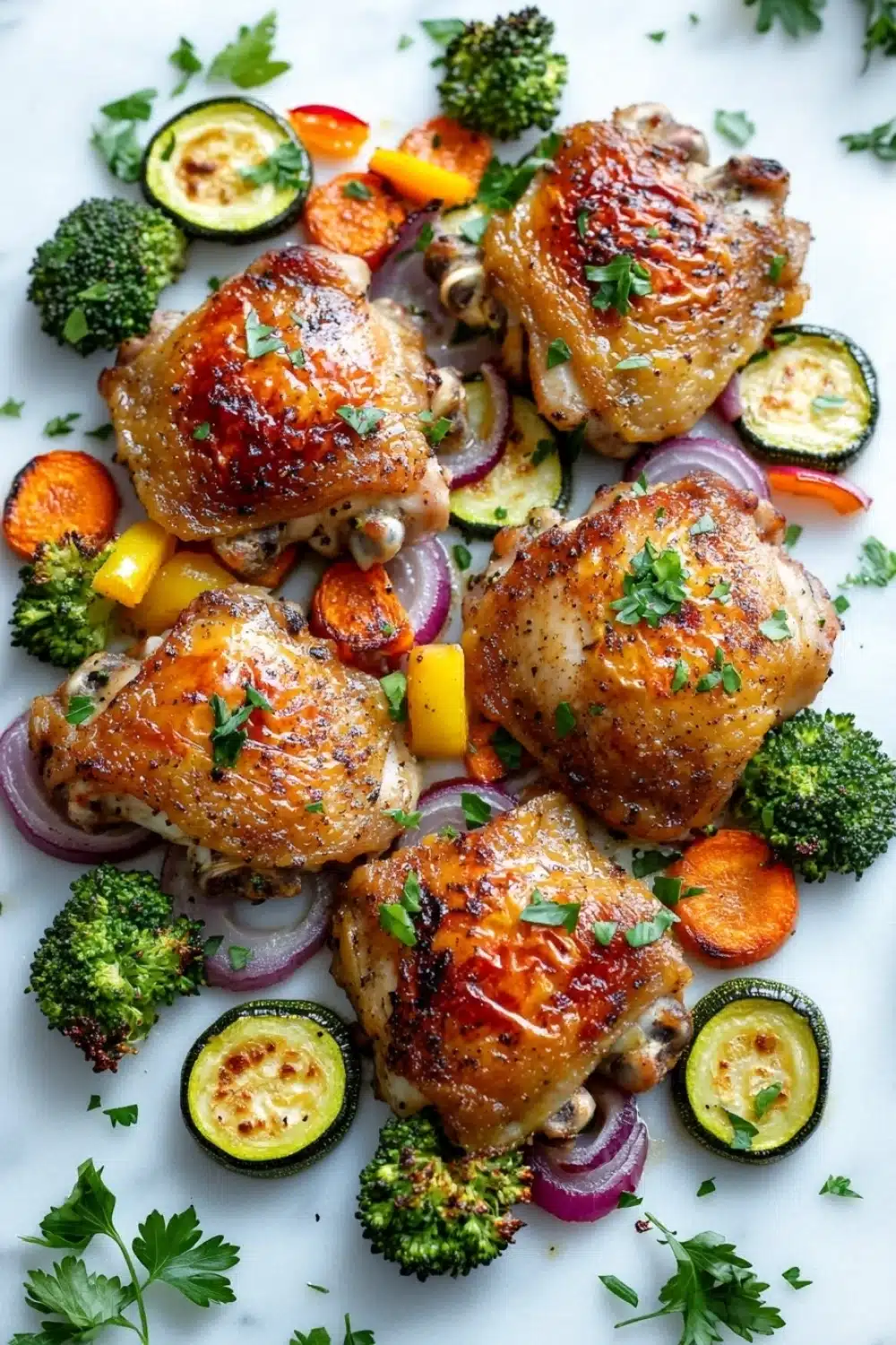 Sheet pan boneless skinless chicken thighs and vegetables - the image shows a plate of grilled chicken with vegetables. the chicken is golden brown and appears to be seasoned with herbs and spices. the vegetables are arranged in a circular pattern on the plate, with some overlapping each other. there are also small pieces of broccoli, zucchini, and red onions scattered around the plate. the plate is garnished with a sprig of parsley. the background is a white marble countertop.