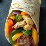 Sheet pan chicken and sausage and pepper wrap - the image shows a tortilla wrap filled with a variety of colorful vegetables. the wrap is rolled up and placed on a black slate surface. the vegetables include red, yellow, green, and orange bell peppers, sliced red onions, and chunks of chicken. the chicken appears to be seasoned with herbs and spices. there is a sprig of parsley on the side of the wrap, adding a pop of green to the dish.