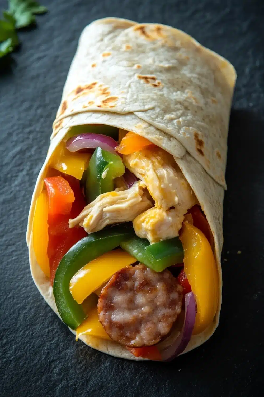 Sheet pan chicken and sausage and pepper wrap - the image shows a tortilla wrap filled with a variety of colorful vegetables. the wrap is rolled up and placed on a black slate surface. the vegetables include red, yellow, green, and orange bell peppers, sliced red onions, and chunks of chicken. the chicken appears to be seasoned with herbs and spices. there is a sprig of parsley on the side of the wrap, adding a pop of green to the dish.