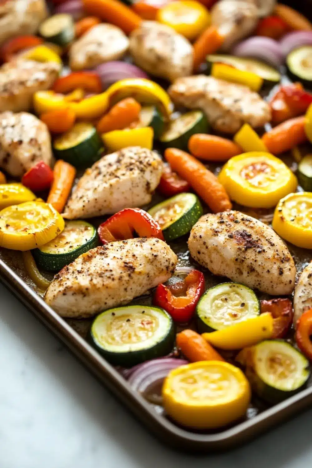 Sheet pan chicken and veggies - the image shows a baking tray filled with grilled chicken and vegetables. the chicken is cooked to a golden brown color and appears to be seasoned with herbs and spices. the vegetables are cut into small pieces and are arranged in a circular pattern on the tray. there are also sliced zucchini, red and yellow bell peppers, and red onions scattered throughout the tray, adding a pop of color to the dish. the tray is sitting on a white countertop.