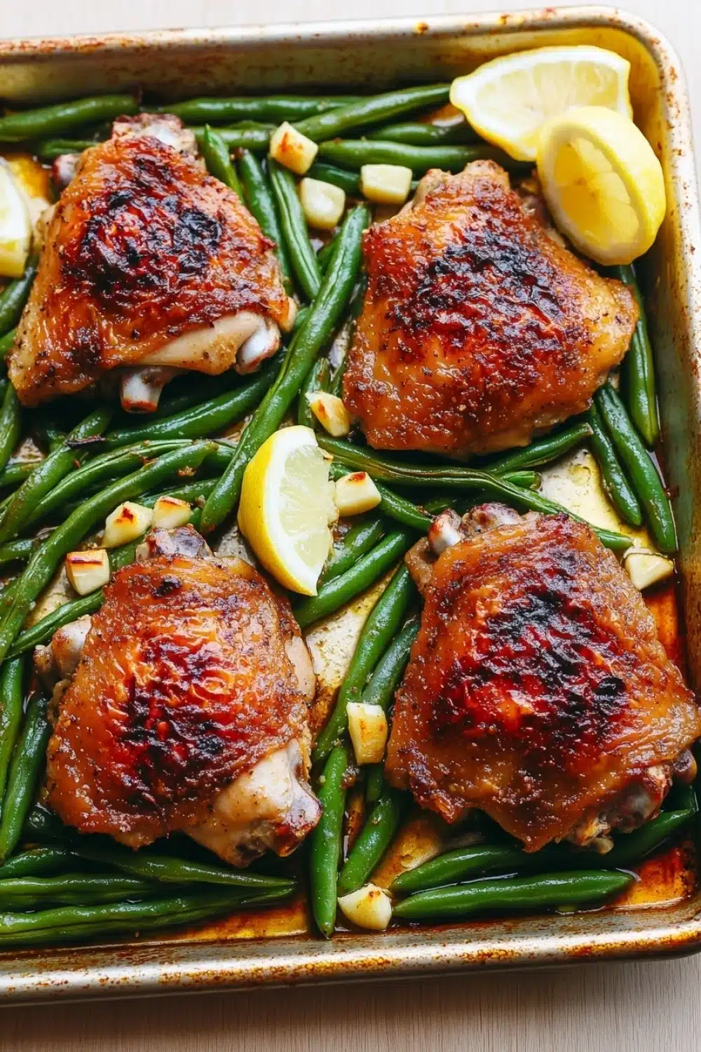 Sheet pan chicken green beans - the image shows a rectangular baking dish filled with grilled chicken and green beans. the chicken is golden brown and appears to be seasoned with herbs and spices. the green beans are bright green and look fresh and vibrant. there are two lemon wedges on the side of the dish, adding a pop of color to the dish. the dish is sitting on a wooden table, and the background is blurred, making the dish the focal point of the image.