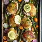 Sheet pan chicken with roasted spring vegetables - the image shows a rectangular baking tray filled with cooked chicken and asparagus. the chicken is golden brown and appears to be seasoned with herbs and spices. the asparaglips are bright green and are arranged in a circular pattern on the tray. there are also slices of lemon and radishes scattered around the tray, adding a pop of color to the dish. the tray is sitting on a dark grey countertop.