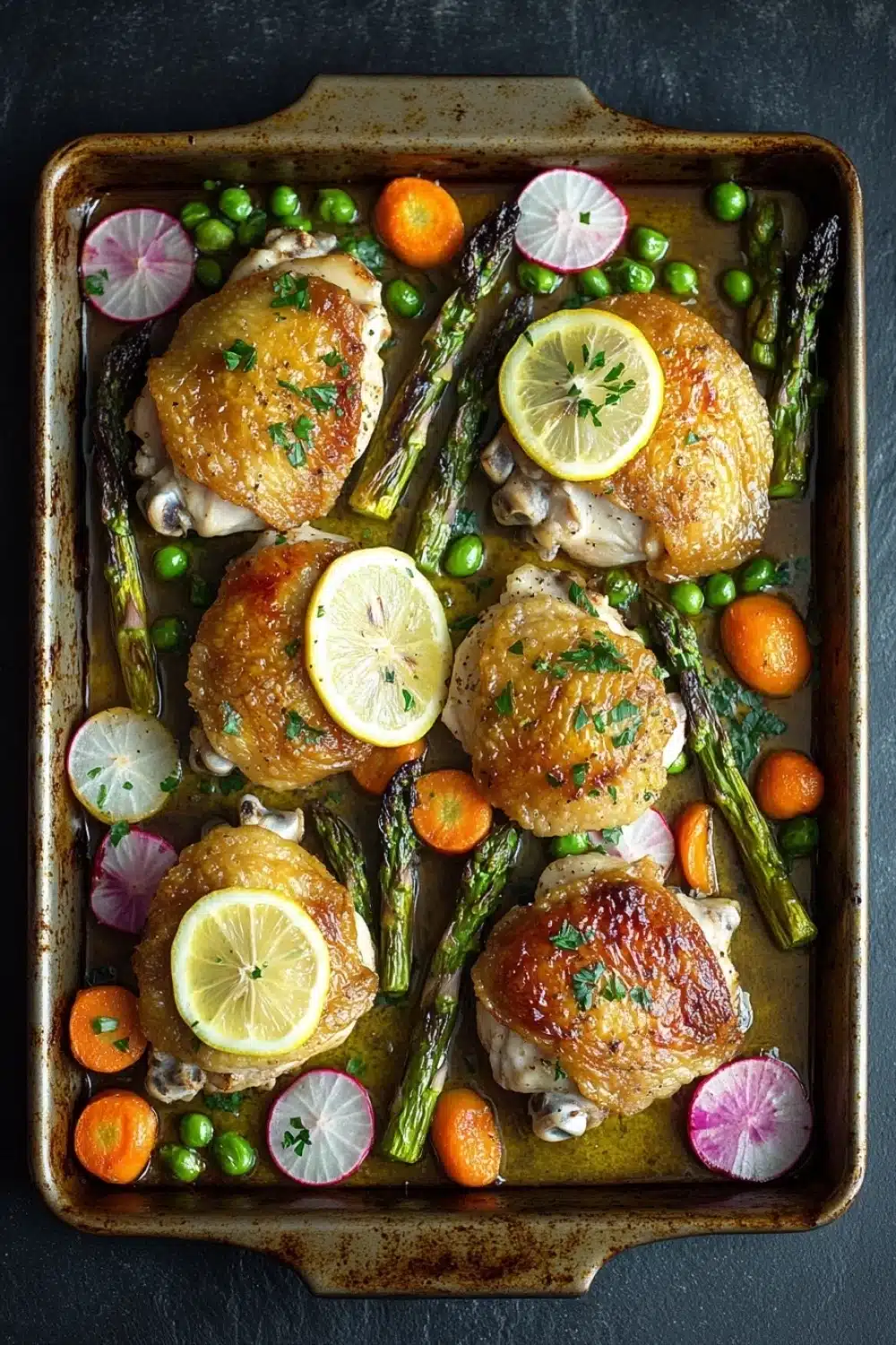 Sheet pan chicken with roasted spring vegetables - the image shows a rectangular baking tray filled with cooked chicken and asparagus. the chicken is golden brown and appears to be seasoned with herbs and spices. the asparaglips are bright green and are arranged in a circular pattern on the tray. there are also slices of lemon and radishes scattered around the tray, adding a pop of color to the dish. the tray is sitting on a dark grey countertop.