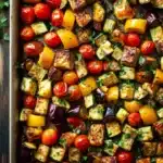 Sheet pan dinner eggplant - the image shows a rectangular baking dish filled with roasted vegetables. the vegetables appear to be eggplant, zucchini, and cherry tomatoes. the dish is garnished with fresh parsley, adding a pop of green color to the dish. the tray is sitting on a wooden table, and there are a few sprigs of parsley scattered around it. the overall appearance of the dish is colorful and appetizing.