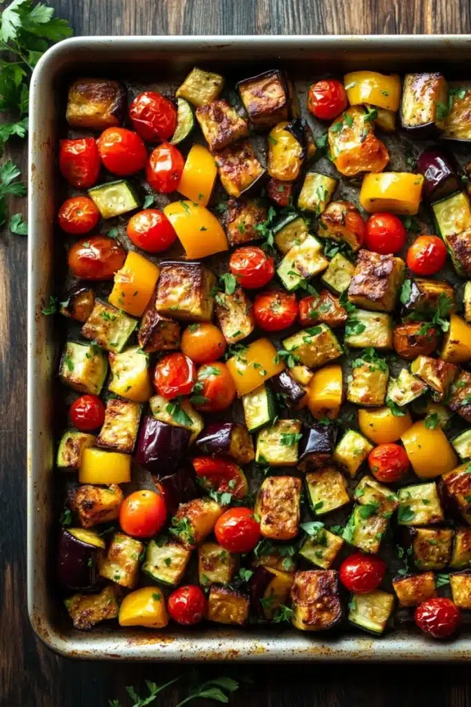 Sheet pan dinner eggplant - the image shows a rectangular baking dish filled with roasted vegetables. the vegetables appear to be eggplant, zucchini, and cherry tomatoes. the dish is garnished with fresh parsley, adding a pop of green color to the dish. the tray is sitting on a wooden table, and there are a few sprigs of parsley scattered around it. the overall appearance of the dish is colorful and appetizing.