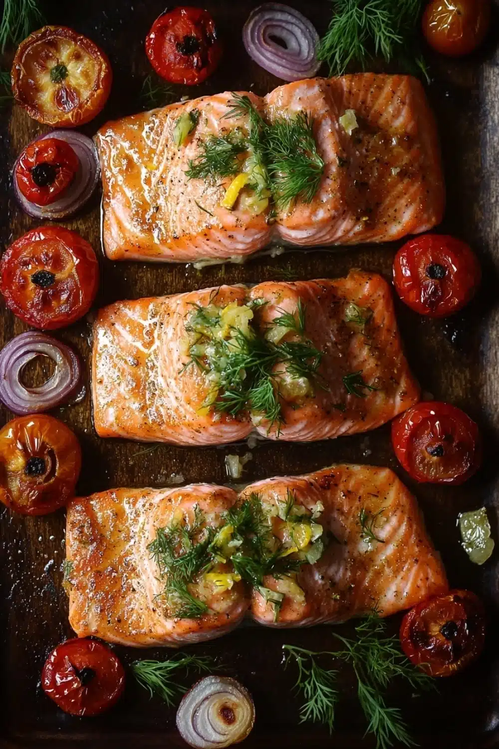 Sheet pan lemon brown butter salmon - the image shows two pieces of salmon fillets on a baking tray. the salmon is cooked to a golden brown color and is garnished with fresh dill and lemon zest. there are also sliced red onions and cherry tomatoes scattered around the tray, adding a pop of color to the dish. the tray is lined with parchment paper and there are a few sprigs of dill scattered around it. the overall presentation of the dish is appetizing and visually appealing.