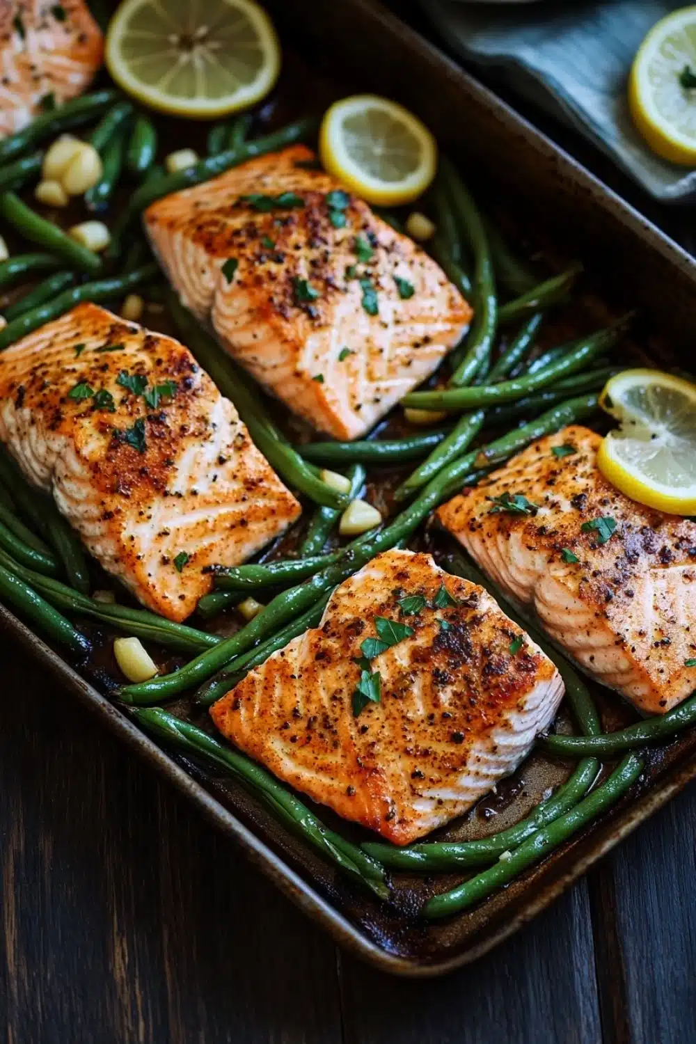 Sheet pan salmon green beans - the image shows a baking tray with four pieces of salmon and green beans. the salmon is cooked to a golden brown color and appears to be seasoned with herbs and spices. the green beans are long and slender, and they are arranged in a single layer on the tray. there are two lemon wedges on either side of the salmon, and a few garlic cloves scattered around the tray, adding a pop of color to the dish. the tray is placed on a wooden table, and there is a white plate in the background.