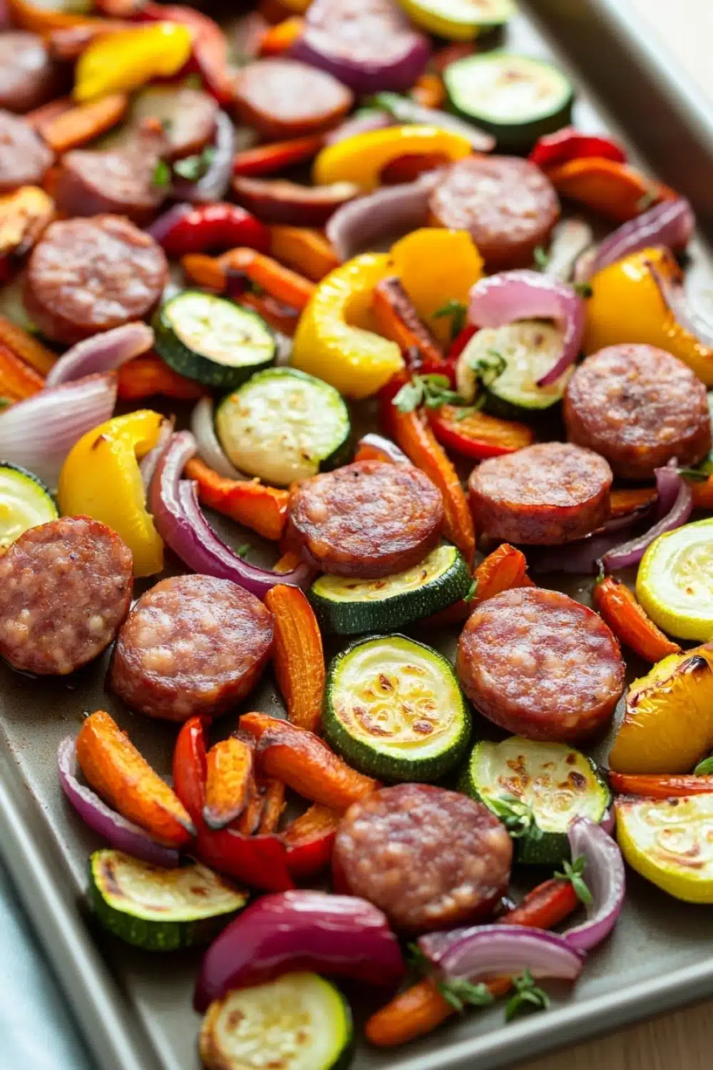 Sheet pan smoked sausage and veggies - the image shows a tray of roasted vegetables on a baking sheet. the vegetables include sliced zucchini, red onions, yellow bell peppers, and red onions. the sausage is cooked to a golden brown color and appears to be seasoned with herbs and spices. the tray is lined with parchment paper and is sitting on a wooden table. the background is blurred, but it seems to be a kitchen countertop.