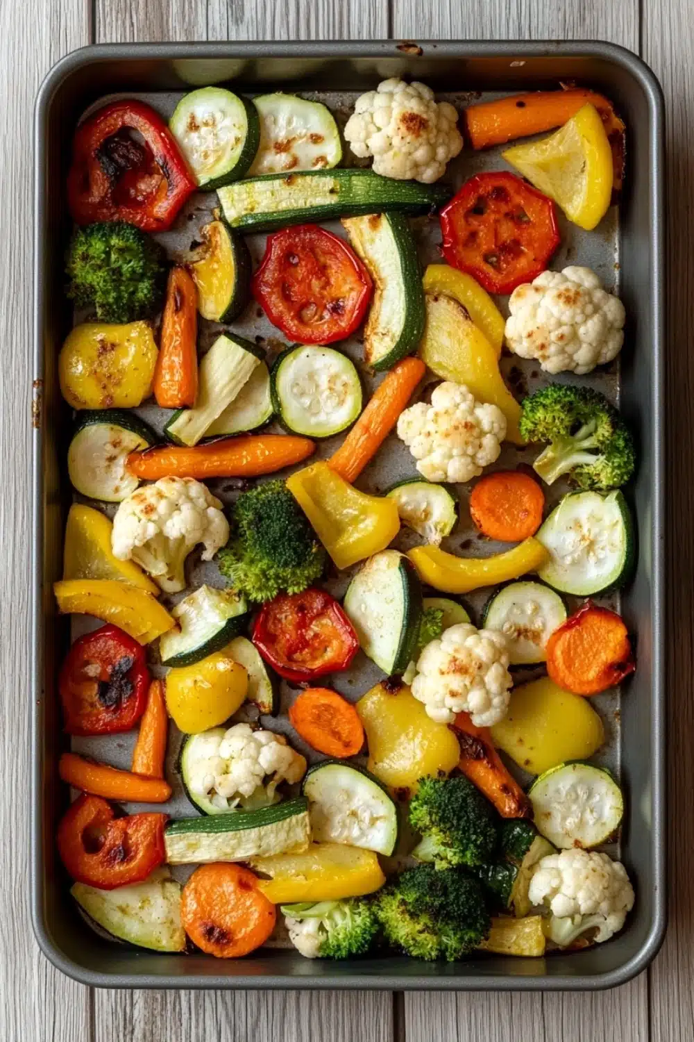 Sheet pan vegetables air fryer - the image shows a rectangular baking tray filled with roasted vegetables. the vegetables are arranged in a single layer on the tray, with some overlapping each other. the tray is lined with parchment paper and is placed on a wooden table. the vegetables include zucchini, bell peppers, broccoli, cauliflower, and cherry tomatoes. the colors of the vegetables are vibrant and the dish looks fresh and appetizing. the background is blurred, but it appears to be a kitchen countertop.