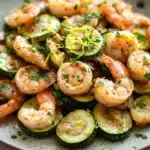 Shrimp and zucchini skillet - the image shows a plate of cooked shrimp and zucchini. the shrimp are pink and appear to be seasoned with herbs and spices. the zucchinis are sliced and arranged in a circular pattern on the plate. the plate is brown and has a speckled texture. there are also some chopped parsley scattered around the plate, adding a pop of green color to the dish. the background is white, making the colors of the dish stand out.