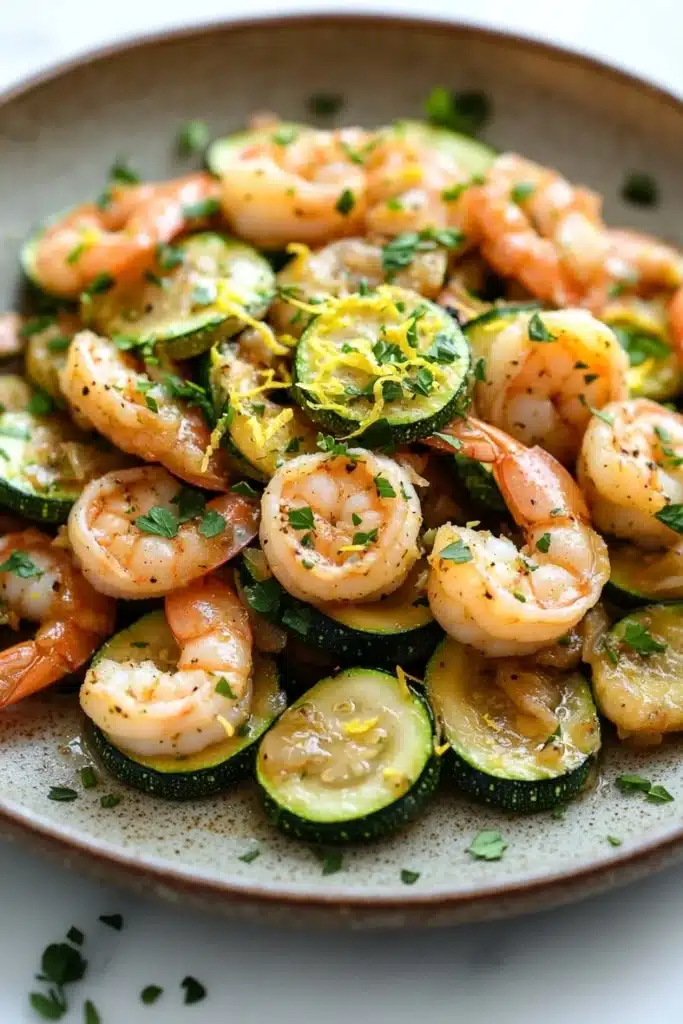 Shrimp and zucchini skillet - the image shows a plate of cooked shrimp and zucchini. the shrimp are pink and appear to be seasoned with herbs and spices. the zucchinis are sliced and arranged in a circular pattern on the plate. the plate is brown and has a speckled texture. there are also some chopped parsley scattered around the plate, adding a pop of green color to the dish. the background is white, making the colors of the dish stand out.