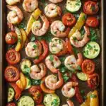 Shrimp sheet pan - the image shows a rectangular baking tray filled with cooked shrimp and vegetables. the shrimp are arranged in a single layer on the tray, with some overlapping each other. the vegetables include sliced tomatoes, zucchini, and bell peppers. the tray is garnished with fresh herbs, likely parsley or cilantro. the background is a wooden table, and the tray is lined with parchment paper.