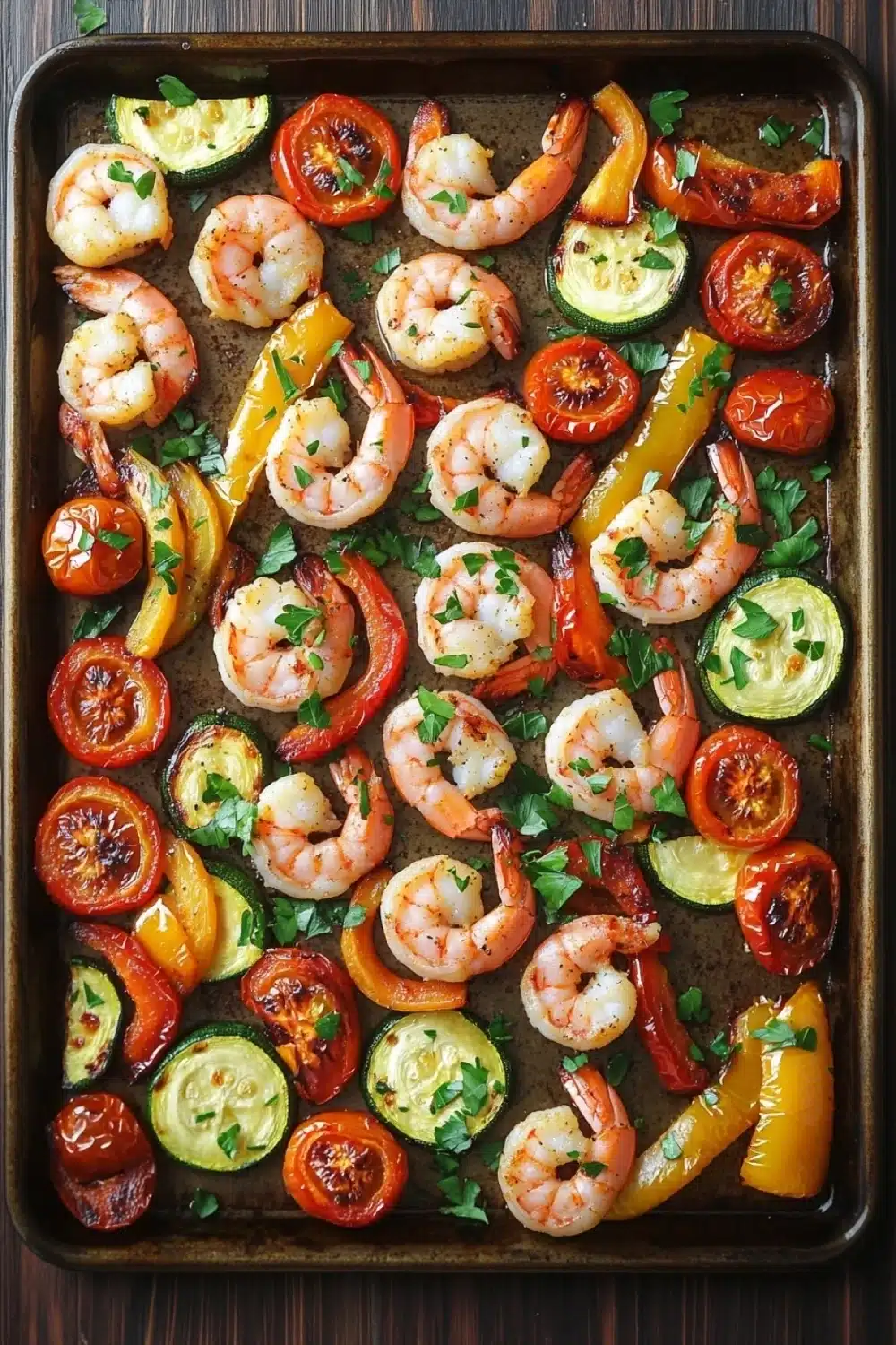 Shrimp sheet pan - the image shows a rectangular baking tray filled with cooked shrimp and vegetables. the shrimp are arranged in a single layer on the tray, with some overlapping each other. the vegetables include sliced tomatoes, zucchini, and bell peppers. the tray is garnished with fresh herbs, likely parsley or cilantro. the background is a wooden table, and the tray is lined with parchment paper.
