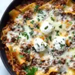 Skillet beef lasagna - the image shows a close-up of a dish in a black cast iron skillet. the dish appears to be a lasagna or lasagna roll-up, with a layer of ground beef and tomato sauce on top. the top of the dish is covered in melted cheese and sprinkled with chopped parsley. the skillet is sitting on a white marble countertop.