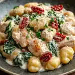 Skillet chicken gnocchi - the image is a close-up of a plate of pasta dish. the dish appears to be a type of gnocchi, with small tortellini shells scattered throughout. the pasta is covered in a creamy white sauce, which is drizzled over the top. there are also chunks of chicken and spinach scattered throughout the dish, as well as red chili peppers and grated parmesan cheese. the plate is sitting on a wooden table, and the background is blurred.
