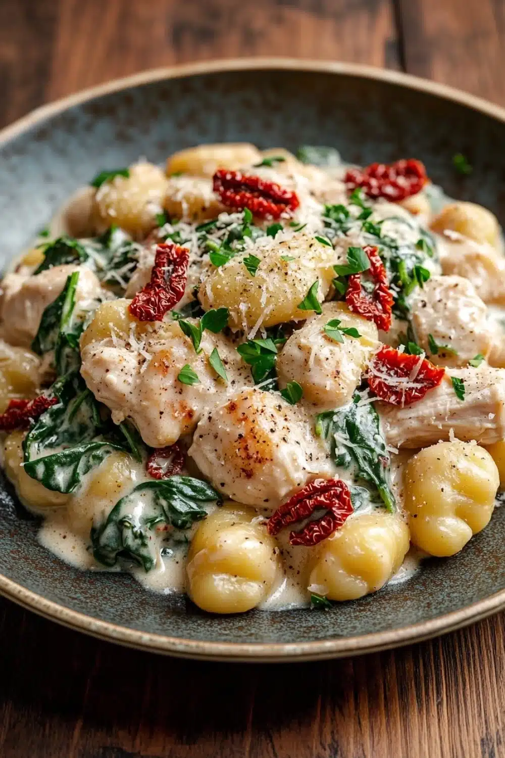 Skillet chicken gnocchi - the image is a close-up of a plate of pasta dish. the dish appears to be a type of gnocchi, with small tortellini shells scattered throughout. the pasta is covered in a creamy white sauce, which is drizzled over the top. there are also chunks of chicken and spinach scattered throughout the dish, as well as red chili peppers and grated parmesan cheese. the plate is sitting on a wooden table, and the background is blurred.