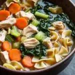 Skillet chicken noodle soup - the image is a close-up of a bowl of soup. the soup appears to be a type of noodle soup with chunks of chicken, carrots, and greens mixed in. the noodles are long and thin, and the vegetables are bright orange and green. the broth is a light brown color and looks thick and creamy. the bowl is made of dark brown ceramic and is sitting on a dark grey countertop. the background is blurred, making the soup the focal point of the image.