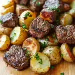 Skillet garlic steak bites and potatoes - the image shows a wooden cutting board with a pile of roasted potatoes on it. the potatoes are golden brown and appear to be seasoned with herbs and spices. on top of the potatoes, there are chunks of cooked beef, which are dark brown in color and have a crispy texture. the beef is arranged in a pile, with some overlapping each other. there are also some chopped parsley scattered on top, adding a pop of green color to the dish. the background is blurred, but it appears to be a kitchen countertop.