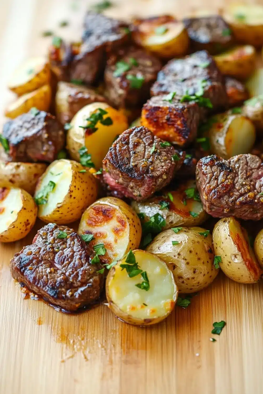 Skillet garlic steak bites and potatoes - the image shows a wooden cutting board with a pile of roasted potatoes on it. the potatoes are golden brown and appear to be seasoned with herbs and spices. on top of the potatoes, there are chunks of cooked beef, which are dark brown in color and have a crispy texture. the beef is arranged in a pile, with some overlapping each other. there are also some chopped parsley scattered on top, adding a pop of green color to the dish. the background is blurred, but it appears to be a kitchen countertop.