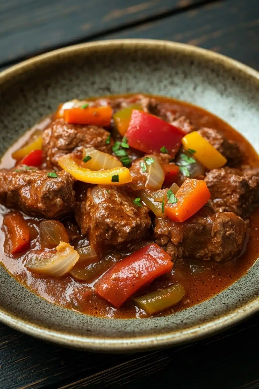 Slow cooker beef goulash - the image is a close-up of a dish in a bowl. the dish appears to be a beef stew with chunks of beef, red and yellow bell peppers, onions, and herbs. the beef is cooked in a tomato-based sauce and is garnished with chopped parsley. the bowl is sitting on a dark wooden table. the overall color palette of the dish is warm and inviting.