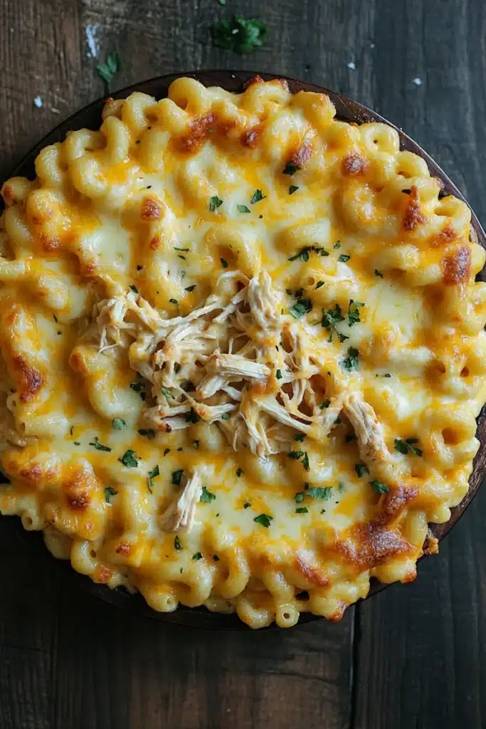 Slow cooker chicken mac and cheese - the image is a close-up of a dish of macaroni and cheese. the dish is in a black bowl and is placed on a wooden table. the top of the dish is covered in melted cheese and there are chunks of shredded chicken scattered throughout. the cheese is a golden yellow color and appears to be melted and bubbly. there are also some chopped parsley scattered around the dish, adding a pop of green color to the dish.