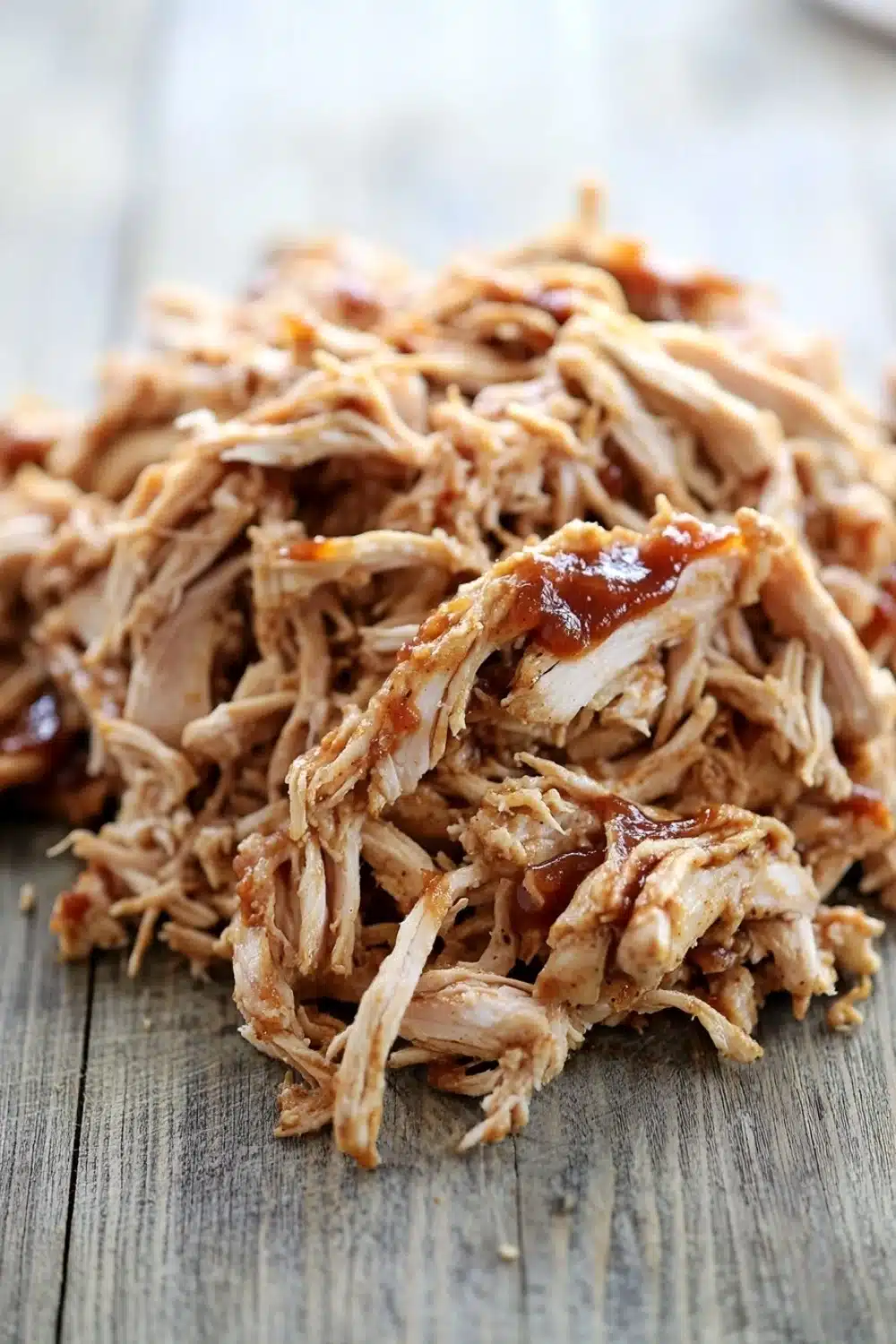 Slow cooker chicken pulled - the image shows a pile of shredded chicken on a wooden surface. the chicken appears to be cooked and has a golden brown color. it is covered in a thick layer of bbq sauce, which is a reddish-brown color and is drizzled over the top of the chicken. the shredded chicken is arranged in a pile, with some overlapping each other. the background is blurred, but it seems to be a wooden table or countertop.