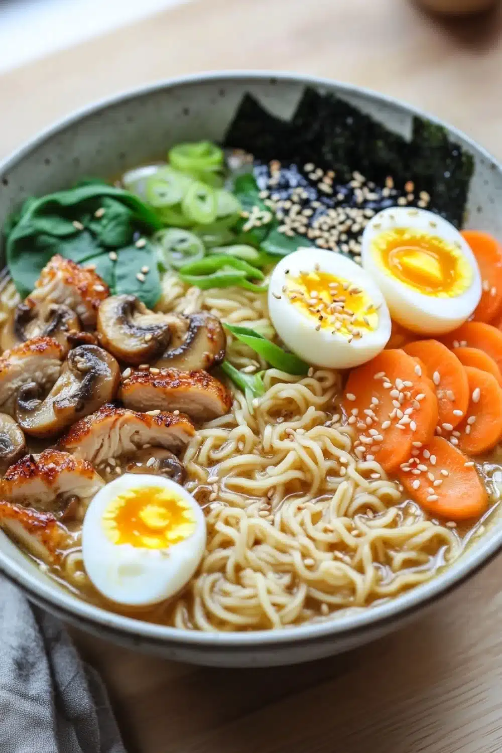 Slow cooker chicken ramen - the image is a close-up of a bowl of ramen. the bowl is made of ceramic and is sitting on a wooden table. the ramen is a light brown color and appears to be thick and fluffy. on top of the ramen, there are sliced mushrooms, sliced carrots, and a hard-boiled egg. there are also some sesame seeds sprinkled on top. the dish is garnished with green onions and sesame seed. the background is blurred, but it seems to be a kitchen countertop.