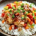 Slow cooker chili crisp chicken and rice - the image shows a plate of food with a serving of rice and chicken. the rice is white and fluffy, and the chicken is cooked to a golden brown color. the dish is garnished with chopped green onions and red and yellow bell peppers. the chicken appears to be seasoned with sesame seeds, giving it a sweet and savory flavor. the plate is brown and has a textured surface. the background is dark, making the colors of the dish stand out.