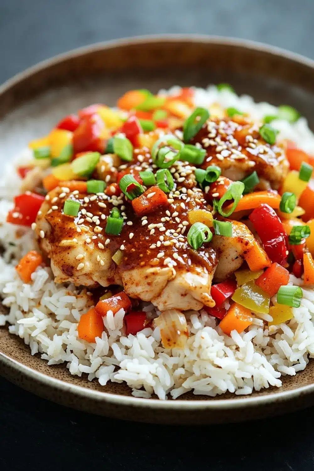 Slow cooker chili crisp chicken and rice - the image shows a plate of food with a serving of rice and chicken. the rice is white and fluffy, and the chicken is cooked to a golden brown color. the dish is garnished with chopped green onions and red and yellow bell peppers. the chicken appears to be seasoned with sesame seeds, giving it a sweet and savory flavor. the plate is brown and has a textured surface. the background is dark, making the colors of the dish stand out.