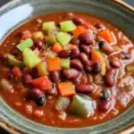 Slow cooker chili vegan - the image is a close-up of a bowl of chili. the chili is a rich red color and appears to be made with beans, carrots, celery, and other vegetables. the bowl is made of ceramic and has a green rim. the background is dark, making the chili stand out. the overall appearance of the dish is hearty and appetizing.