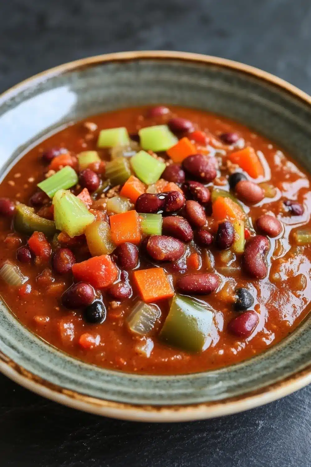 Slow cooker chili vegan - the image is a close-up of a bowl of chili. the chili is a rich red color and appears to be made with beans, carrots, celery, and other vegetables. the bowl is made of ceramic and has a green rim. the background is dark, making the chili stand out. the overall appearance of the dish is hearty and appetizing.