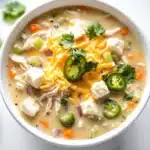 Slow cooker jalapeno popper chicken soup - the image is a close-up of a bowl of soup. the soup appears to be a creamy orange color with chunks of chicken, cheese, and jalapenos scattered throughout. the bowl is white and is sitting on a white countertop. there are a few sprigs of cilantro scattered around the bowl. the background is blurred, but it seems to be an indoor setting.